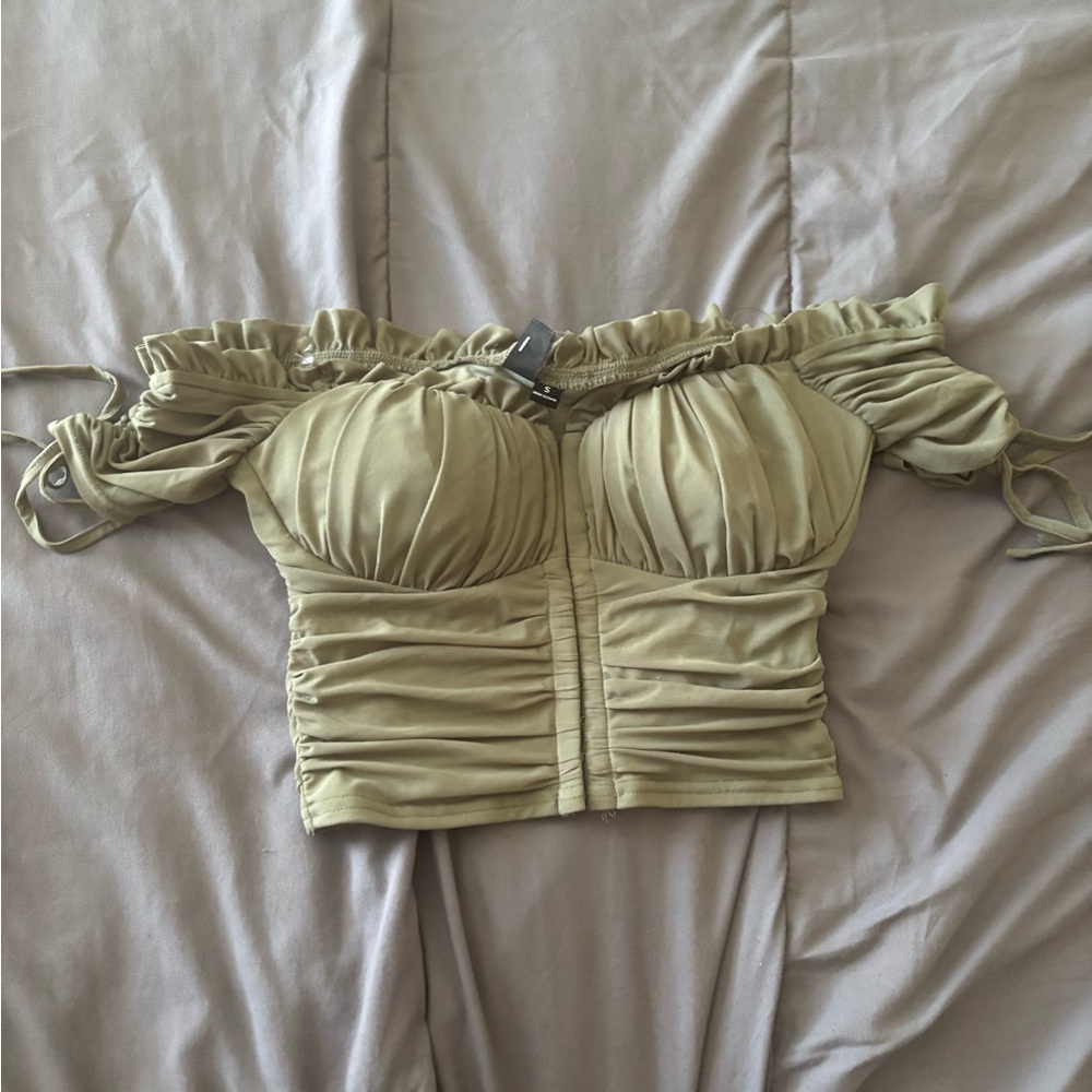 Green Ruched Off-Shoulder Bustier Blouse